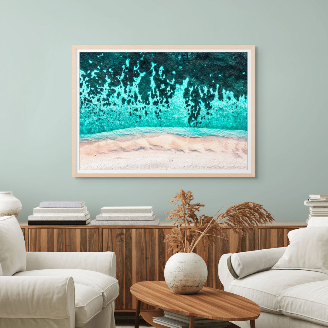 To The Island – Aerial view of Lady Elliot Island showing turquoise reef and peach-coloured sand | Framed Paper Print by David Lloyd