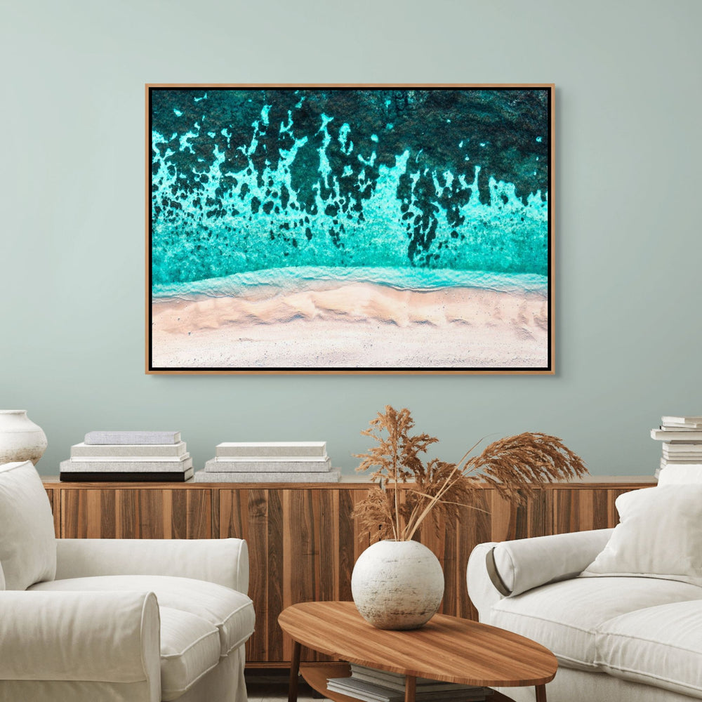 To The Island – Aerial view of Lady Elliot Island showing turquoise reef and peach-coloured sand | Shadow Box Canvas Print by David Lloyd