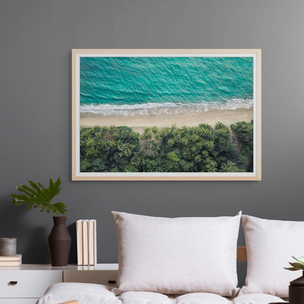 Tropical Tapestry – Abstract top-down view of Port Douglas Four Mile Beach with palm trees and teal waters | Framed Paper Print