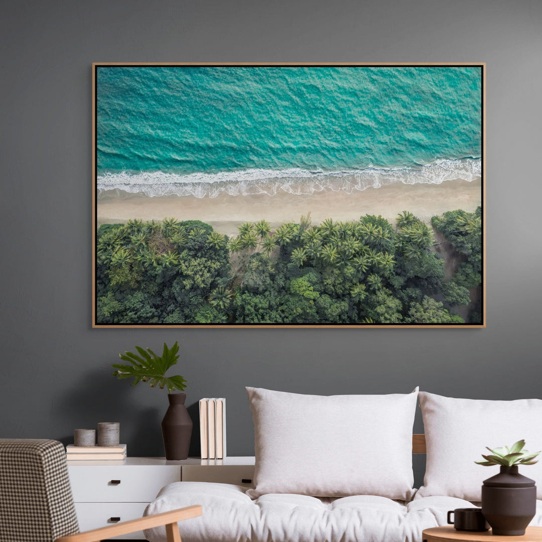 Tropical Tapestry – Abstract top-down view of Port Douglas Four Mile Beach with palm trees and teal waters | Shadow Box Canvas Print