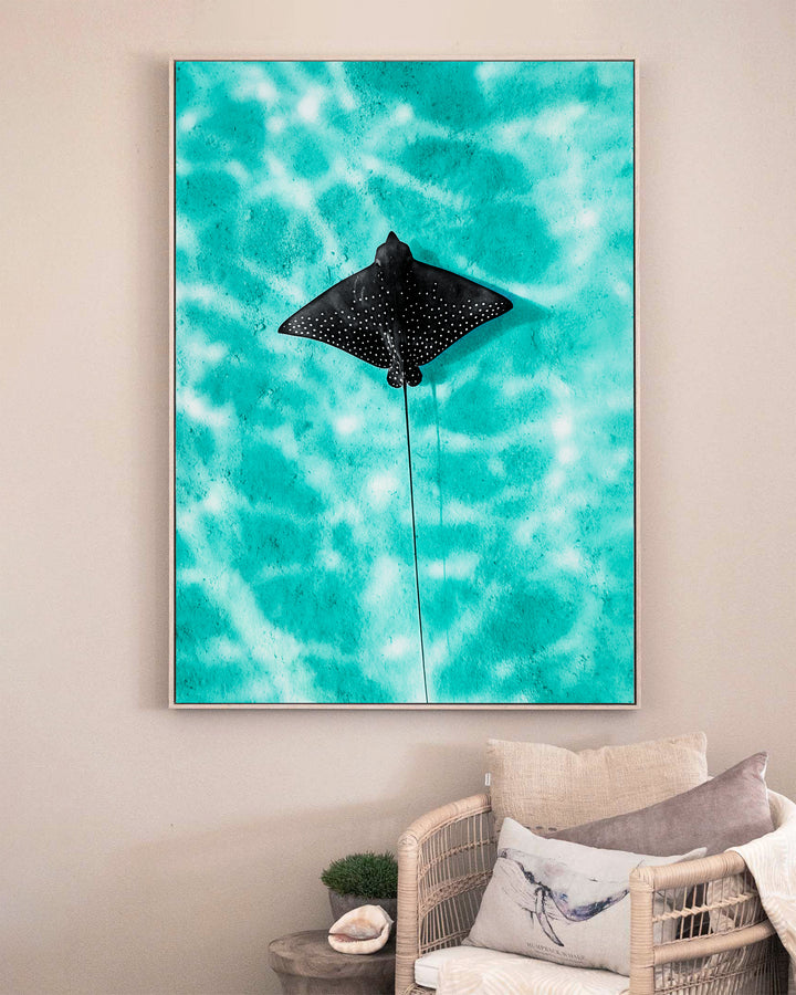 Turquoise Tranquility – Eagle Ray, Underwater Photography by David Lloyd, framed canvas print in oak float frame, styled in a sitting room setting