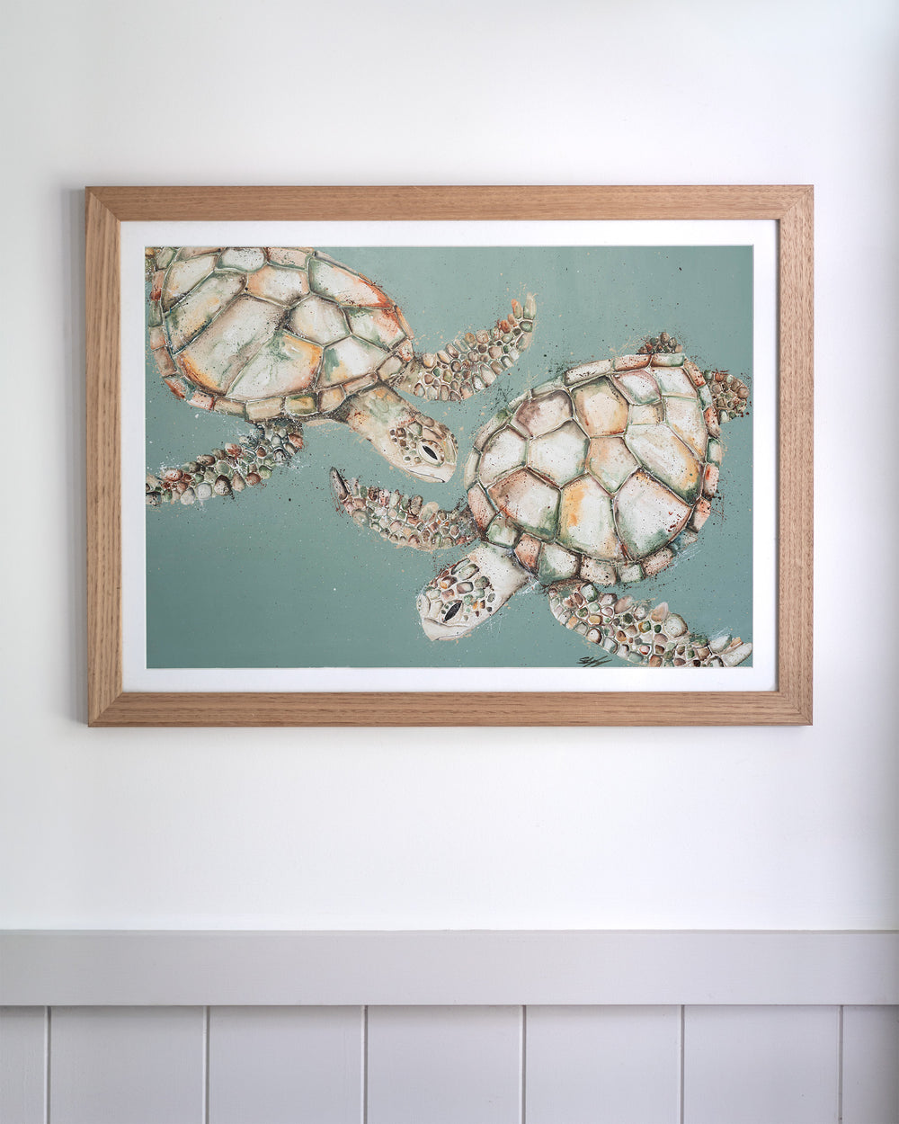 Two's Company – green sea turtles, framed paper print in oak frame