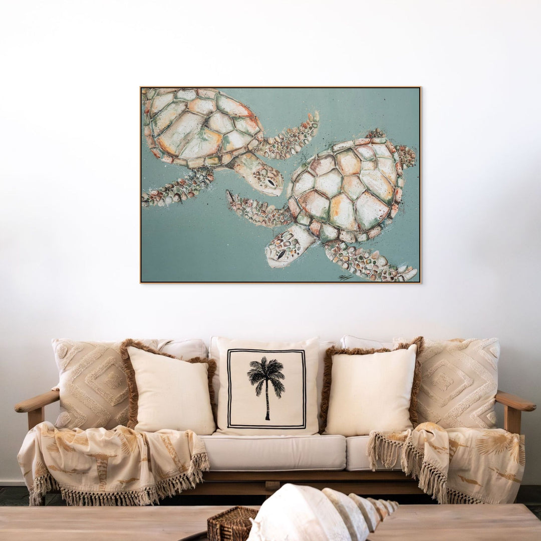 Two’s Company – sea turtle artwork on green background in light oak shadow box frame with floating canvas | Shadow Box Canvas Print
