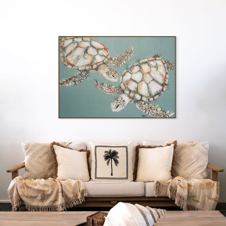 Two’s Company – sea turtle artwork on green background in light oak shadow box frame with floating canvas | Shadow Box Canvas Print