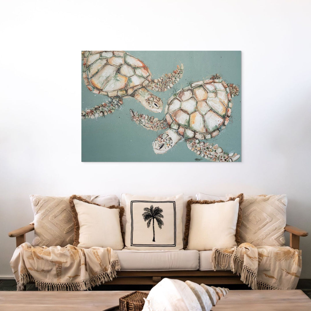 Two’s Company – sea turtle artwork on green background as stretched canvas print styled above sofa | Stretched Canvas Print
