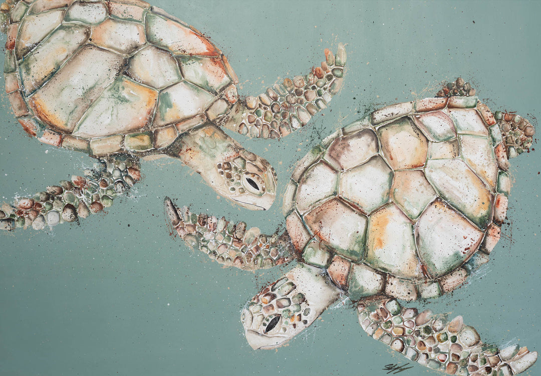 Two’s Company – two sea turtles swimming together on a soft green background | Unframed Rolled Print