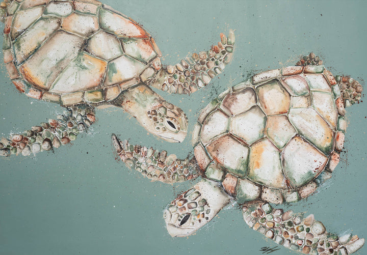 Two’s Company – two sea turtles swimming together on a soft green background | Unframed Rolled Print