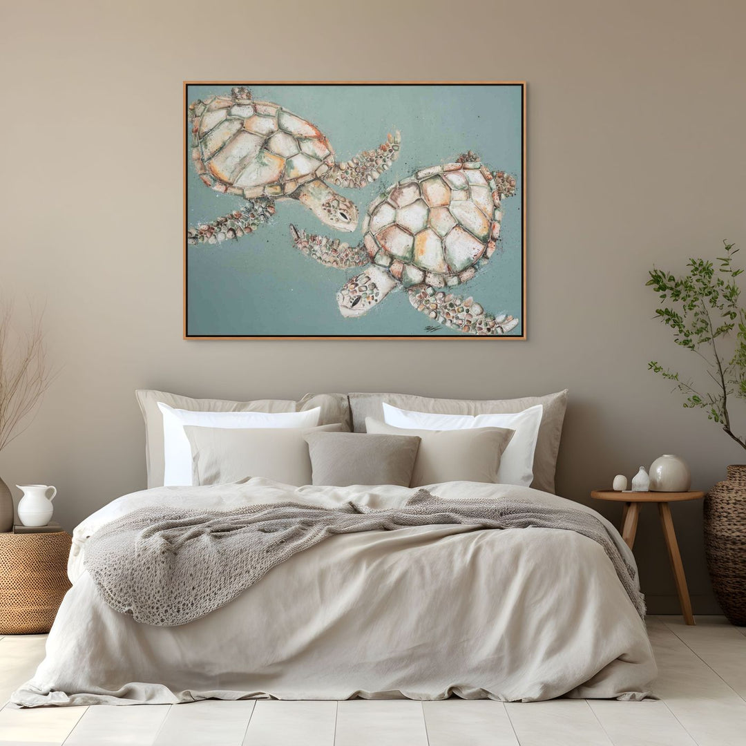 Original painting of two green sea Turtle swimming side by side by Stephanie Elizabeth – titled Two’s Company