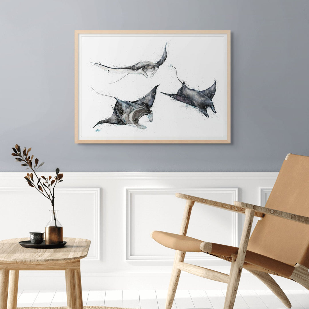 Unchained Melody by Stephanie Elizabeth – framed paper print of three manta rays gliding underwater, fine art marine life print