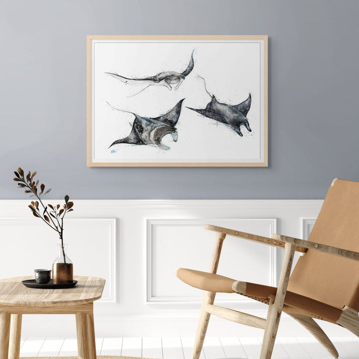 Unchained Melody by Stephanie Elizabeth – framed paper print of three manta rays gliding underwater, fine art marine life print