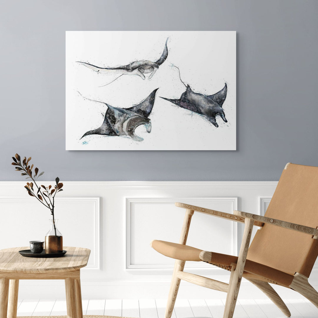 Unchained Melody by Stephanie Elizabeth – stretched canvas print of three manta rays underwater, marine life fine art print