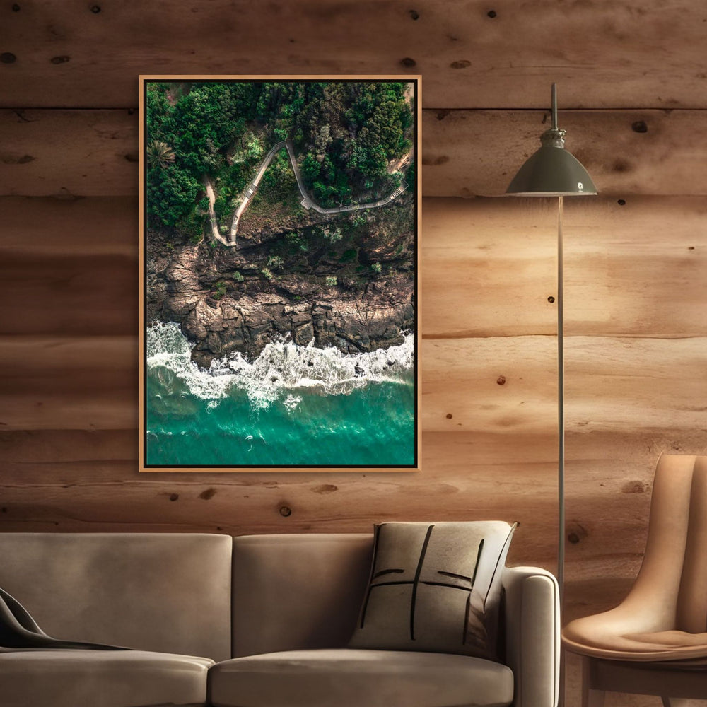 Up and Over – Top-down aerial view of Flagstaff Hill, Port Douglas at first light with pathway and breaking waves | Shadow Box Canvas Print by David Lloyd