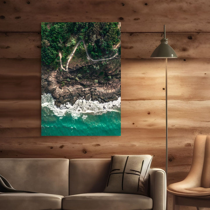 Up and Over – Top-down aerial view of Flagstaff Hill, Port Douglas at first light with pathway and breaking waves | Stretched Canvas Print by David Lloyd