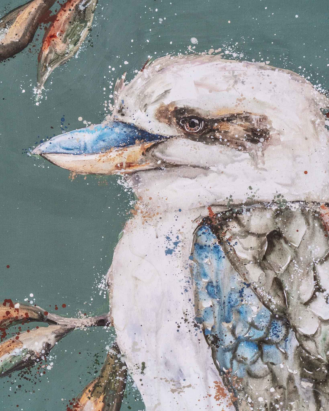 We Belong Together art print shows a blue and brown kookaburra among green watercolor leaves.