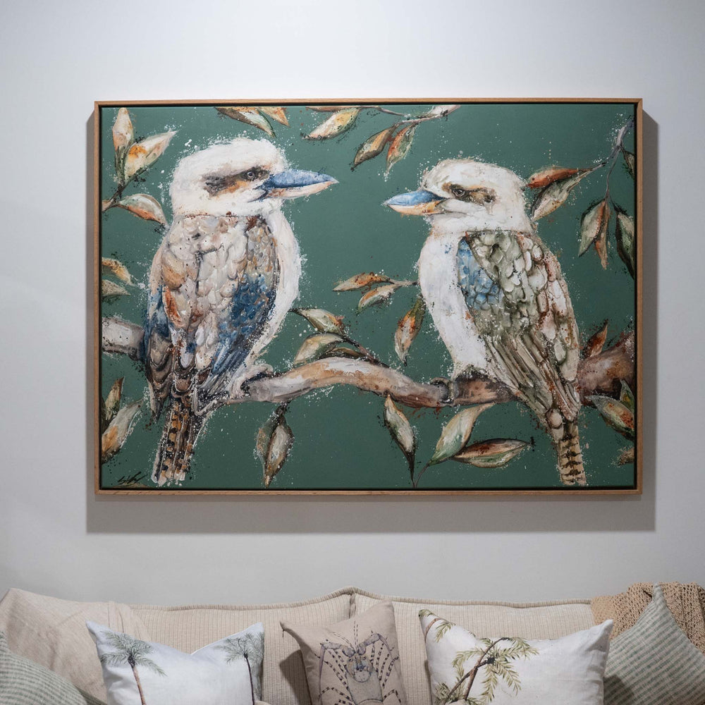 We Belong Together by Stephanie Elizabeth: two kookaburras perched on branches, acrylic on canvas.
