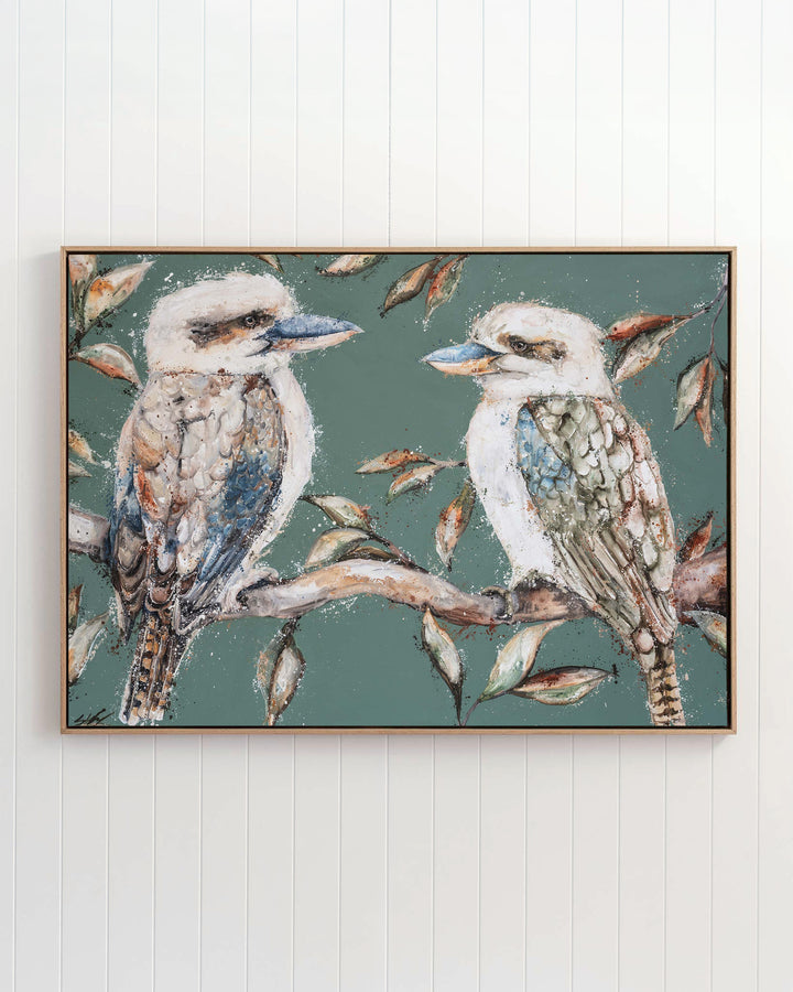 We Belong Together – kookaburras, framed canvas in oak float frame