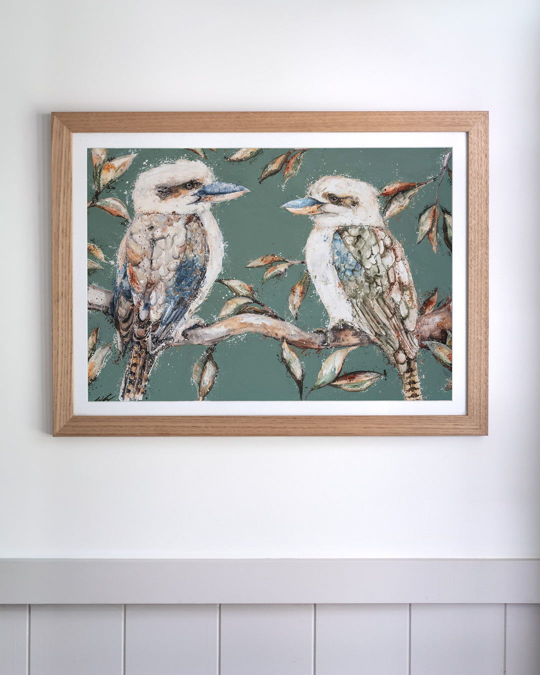 We Belong Together – kookaburras, framed paper print in oak frame