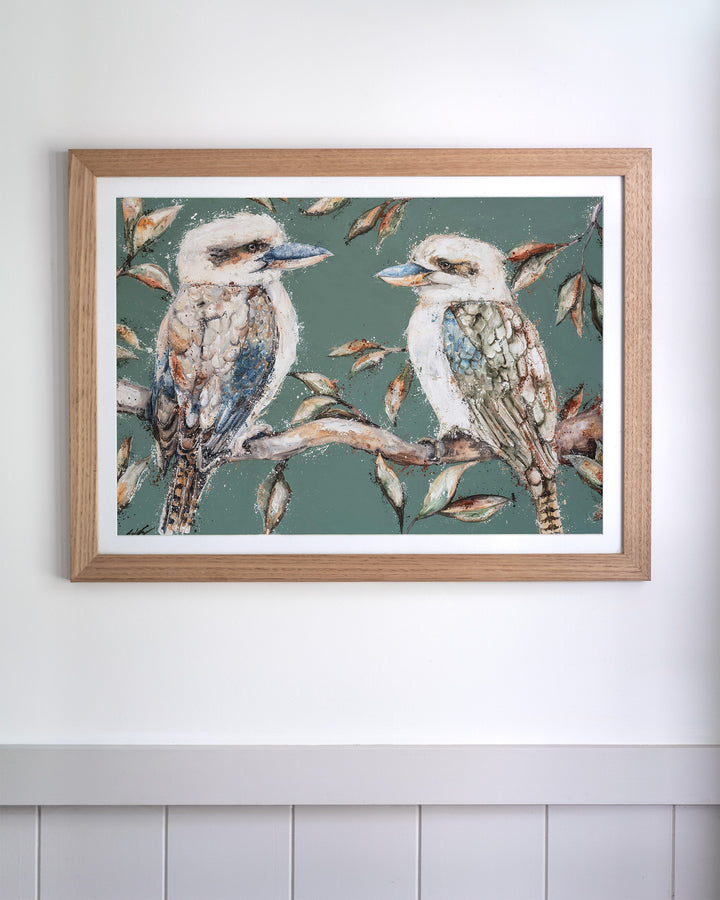 We Belong Together – kookaburras, framed paper print in oak frame