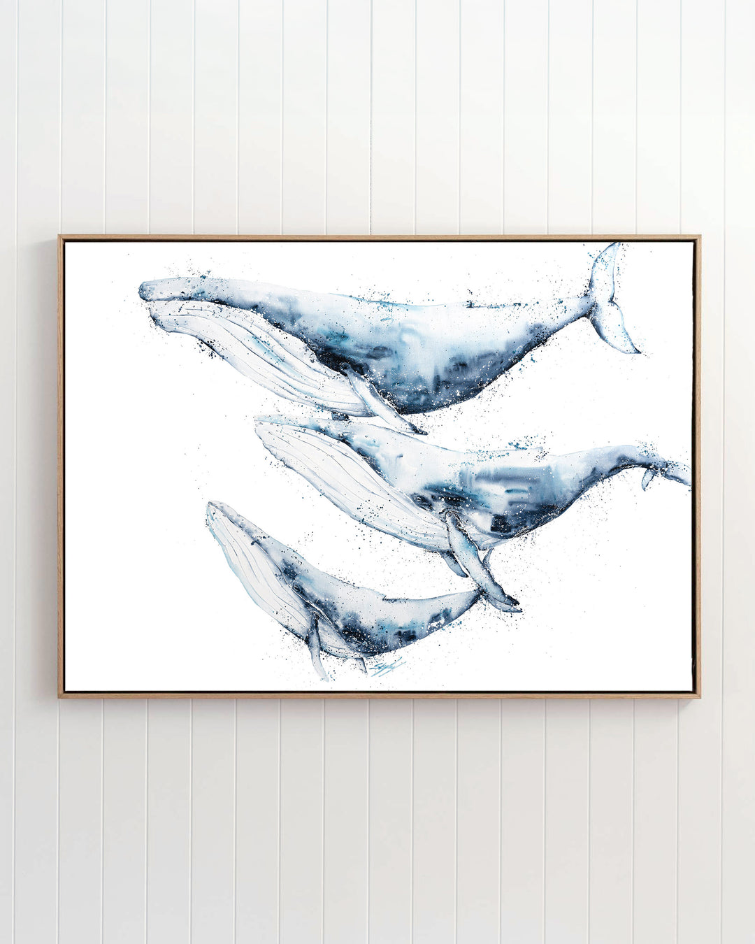 When We Go, We Go Together – humpback whales, framed canvas in oak float frame