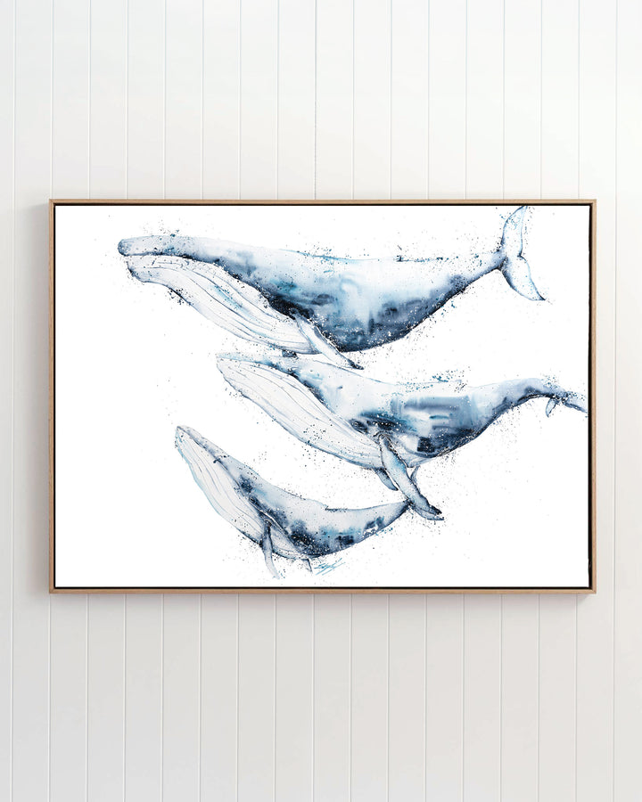 When We Go, We Go Together – humpback whales, framed canvas in oak float frame