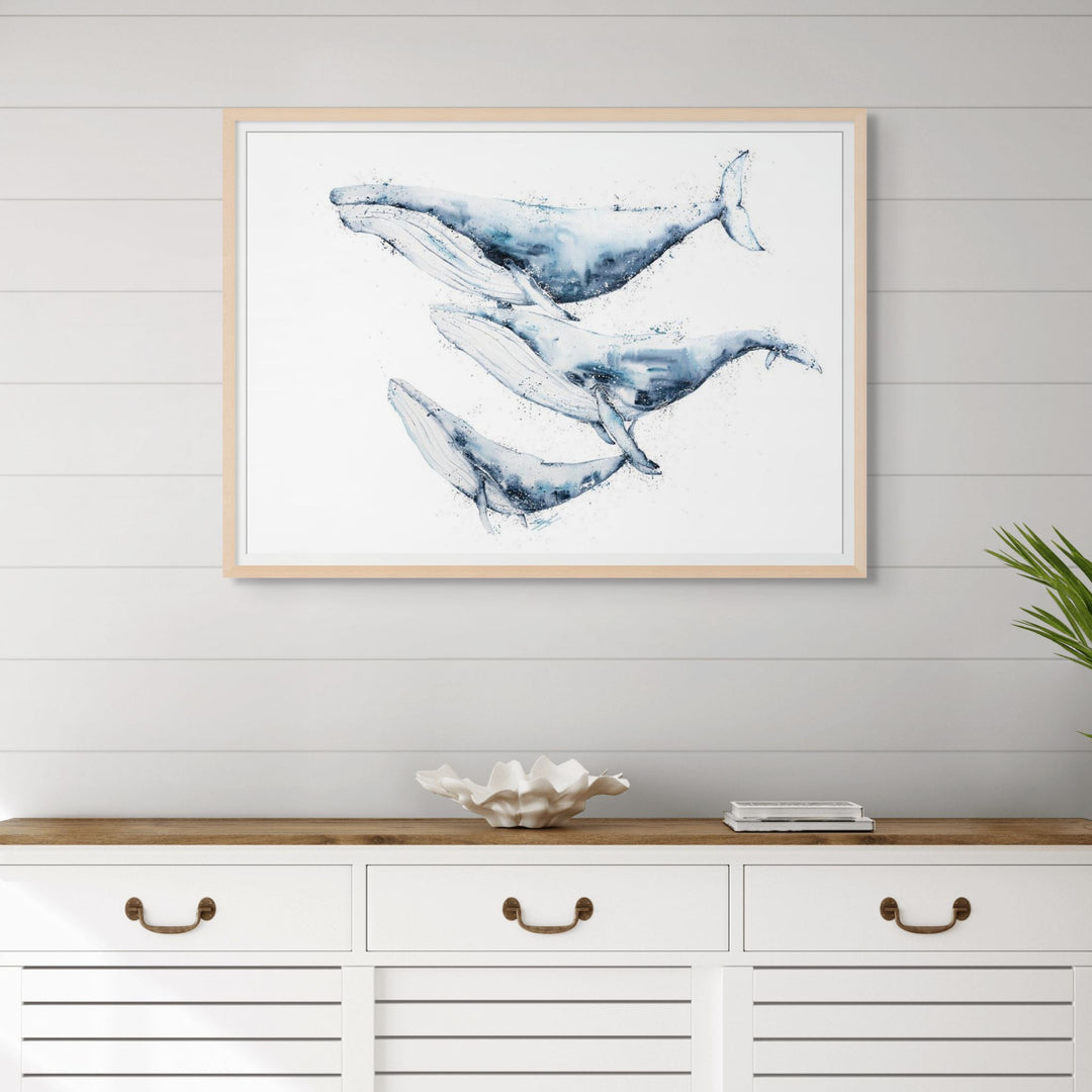 When We Go, We Go Together by Stephanie Elizabeth – framed paper print of three humpback whales swimming, fine art marine life print