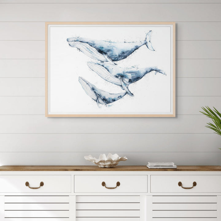 When We Go, We Go Together by Stephanie Elizabeth – framed paper print of three humpback whales swimming, fine art marine life print