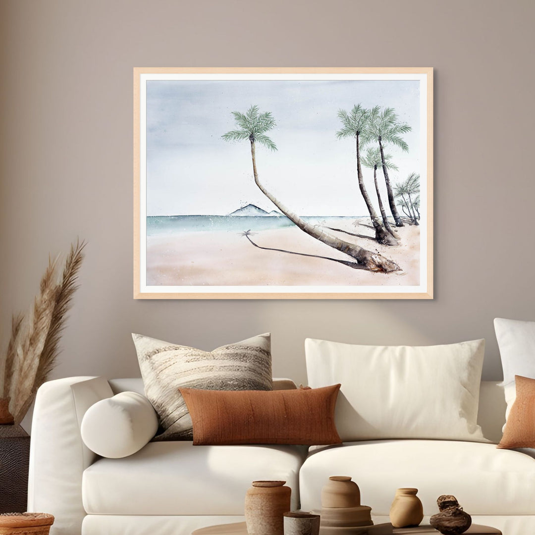 Where The Palm Trees Lead by Stephanie Elizabeth – framed paper print of tropical palm trees along a coastline, fine art landscape print