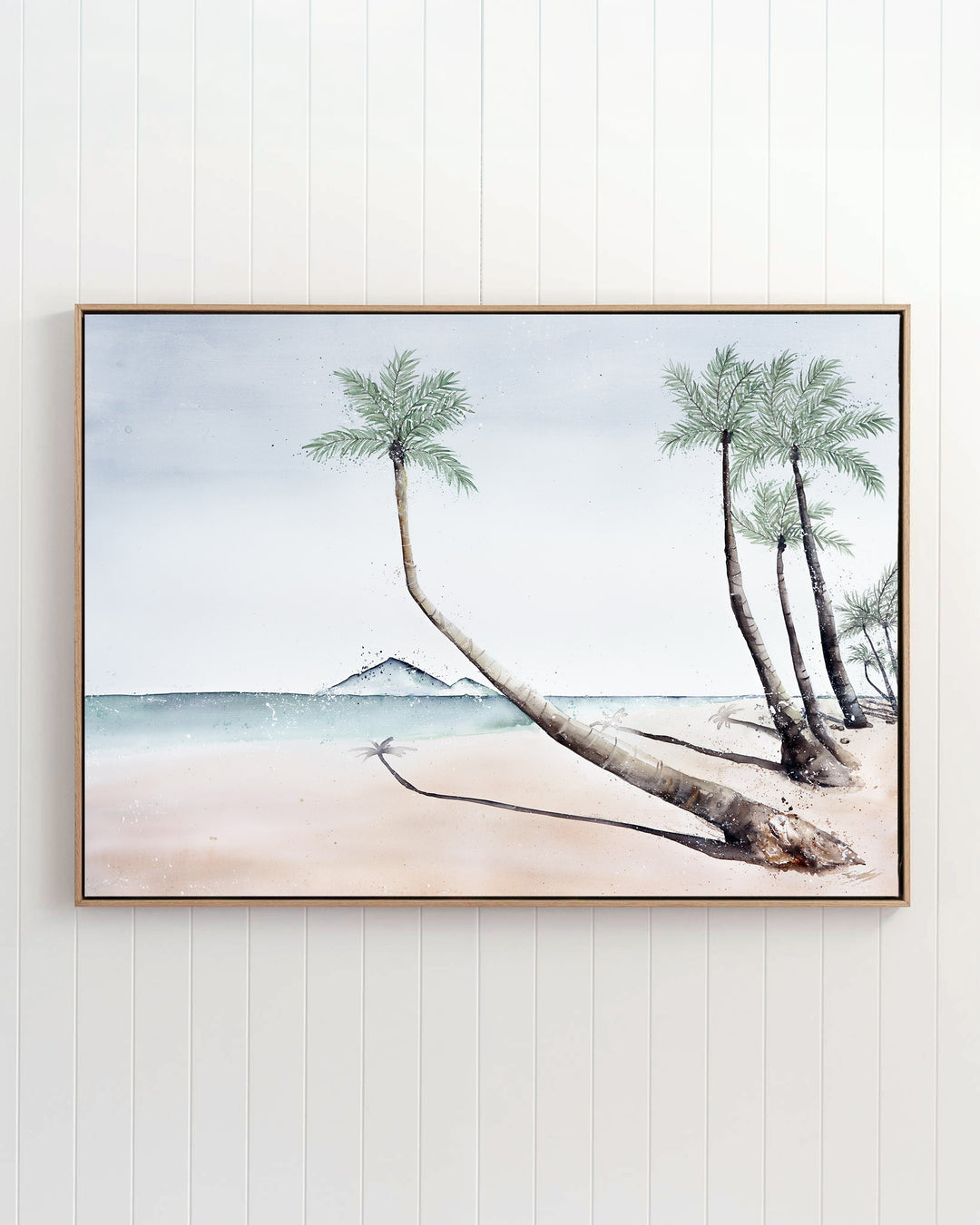 Where The Palm Trees Lead – Port Douglas beach and palm trees, framed canvas in oak float frame