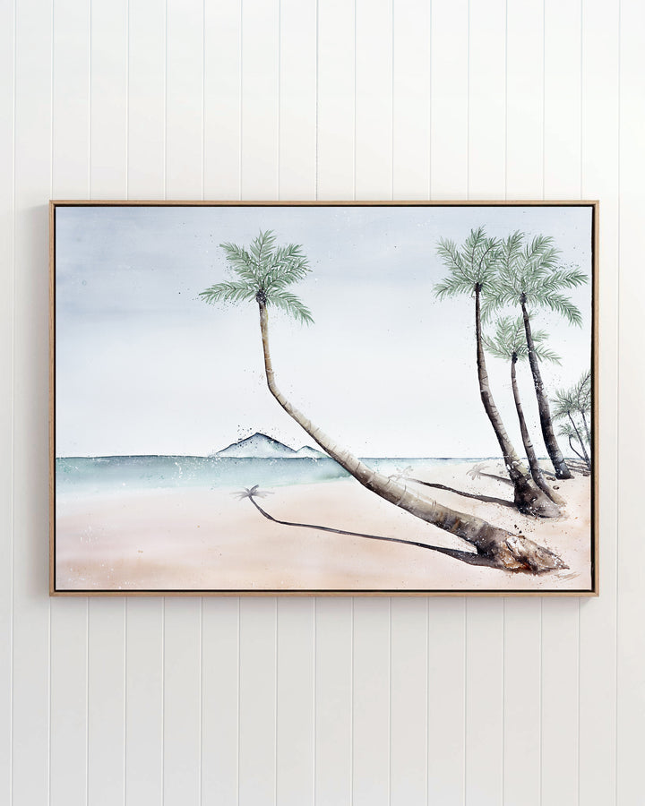 Where The Palm Trees Lead – Port Douglas beach and palm trees, framed canvas in oak float frame
