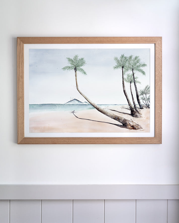 Where The Palm Trees Lead – Port Douglas beach and palm trees, framed paper print in oak frame