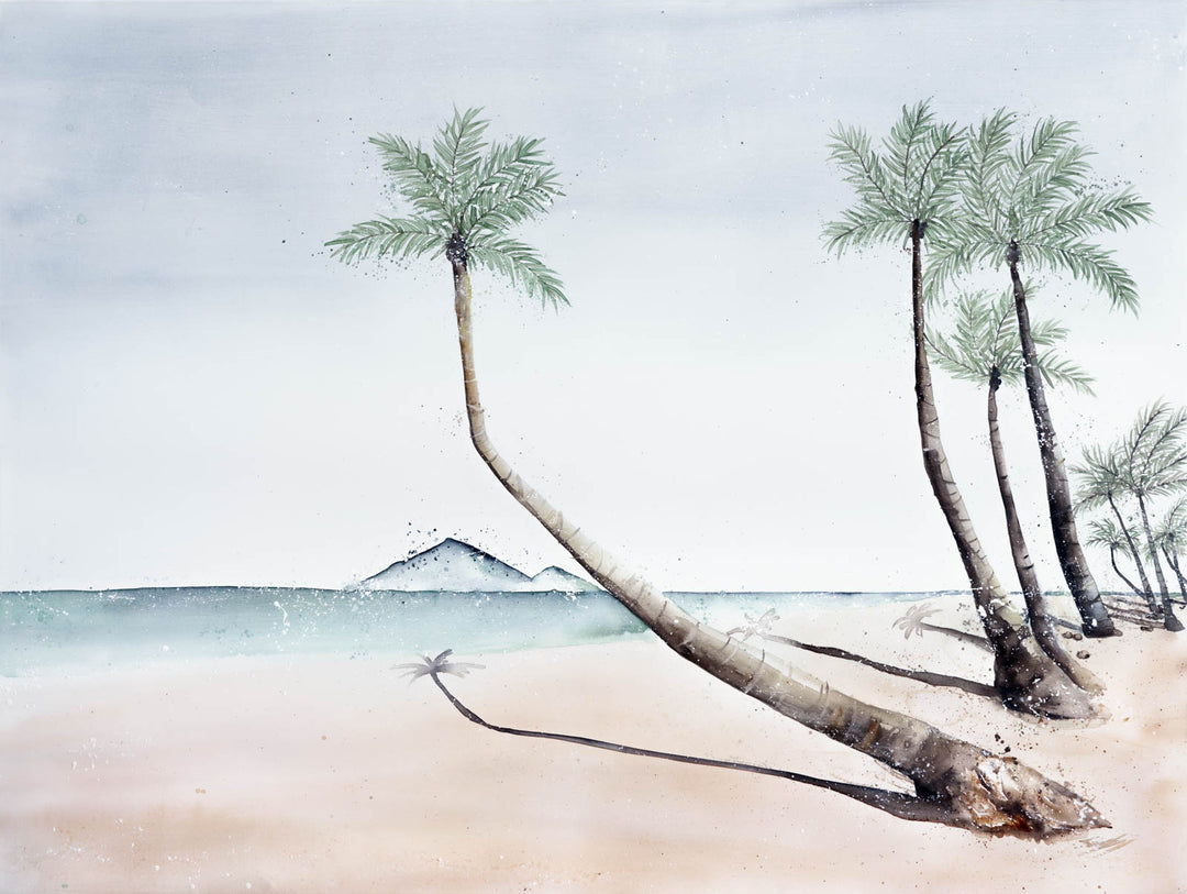 Where The Palm Trees Lead by Stephanie Elizabeth – unframed rolled paper print of palm trees leading along the coast, tropical fine art print