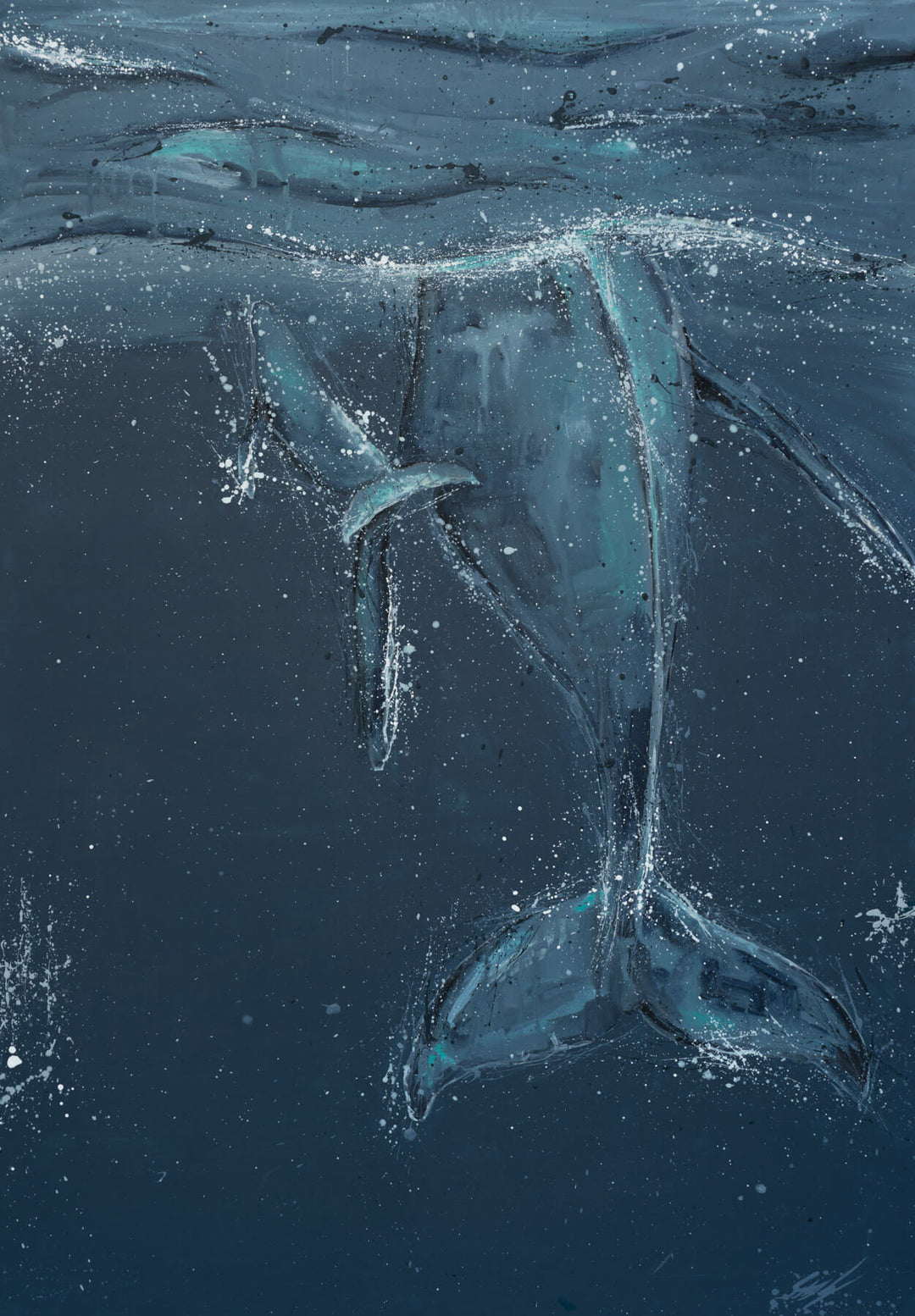 Wherever You Are – whale tails beneath dark blue ocean water in a textured coastal artwork by Stephanie Elizabeth | Unframed Rolled Print