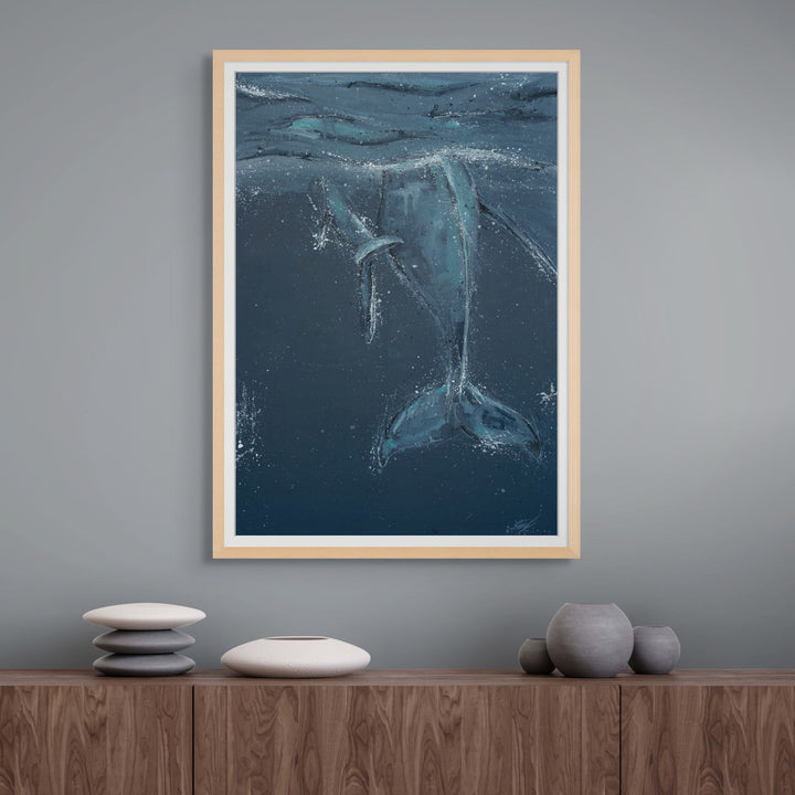 Wherever You Are – whale tails disappearing beneath deep blue ocean water in a textured acrylic painting by Stephanie Elizabeth | Framed Paper Print