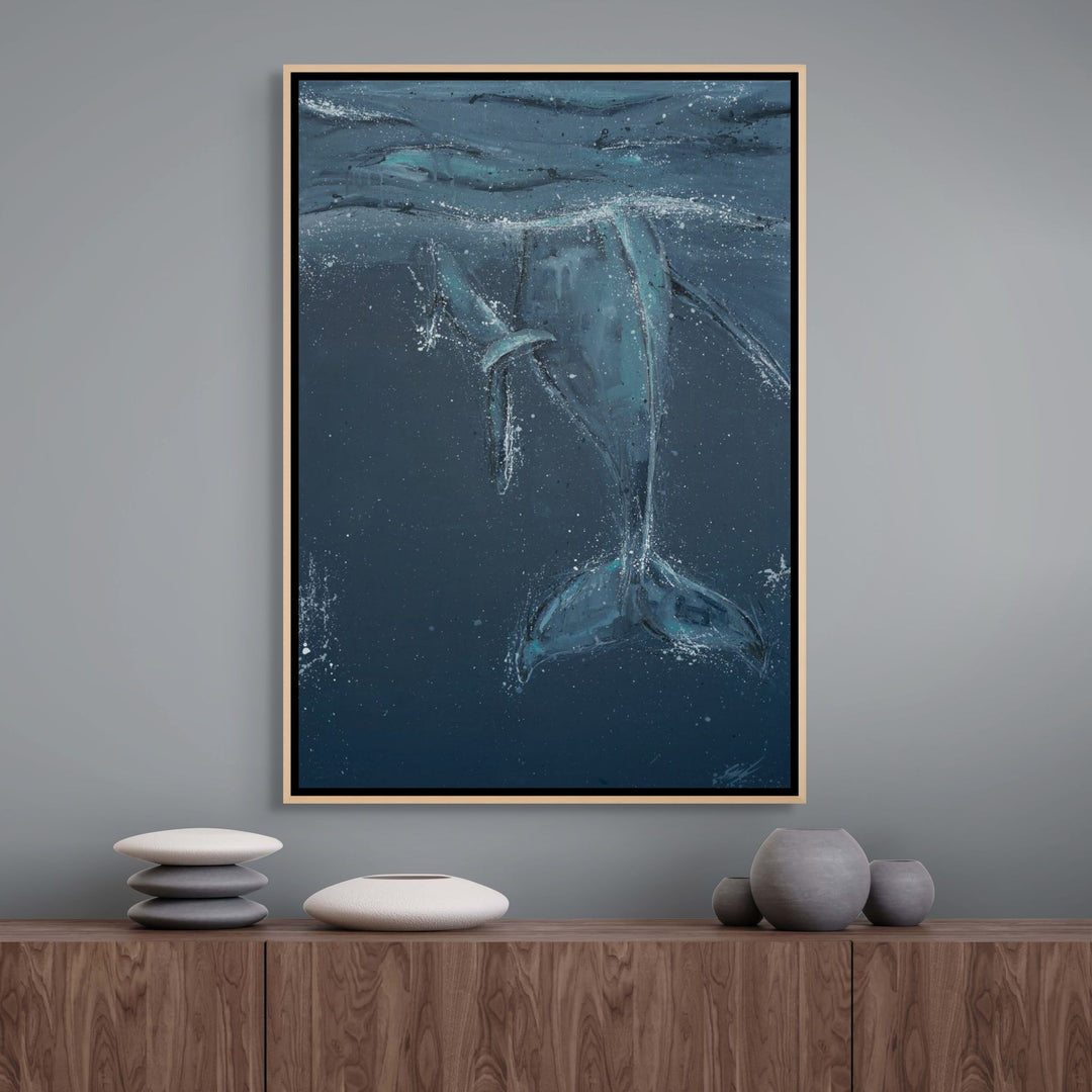 Wherever You Are – underwater whale artwork with layered blue tones and textured ocean movement by Stephanie Elizabeth | Shadow Box Canvas Print