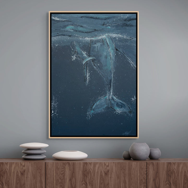 Wherever You Are – underwater whale artwork with layered blue tones and textured ocean movement by Stephanie Elizabeth | Shadow Box Canvas Print