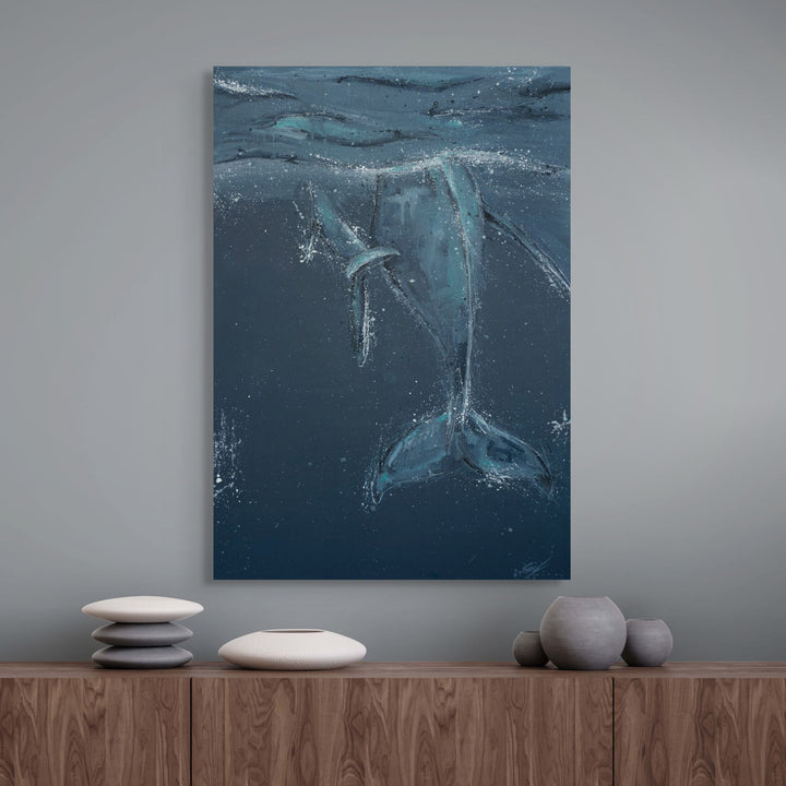 Wherever You Are – underwater whale artwork with layered blue tones and drifting whale tails beneath the ocean surface by Stephanie Elizabeth | Shadow Box Canvas Print