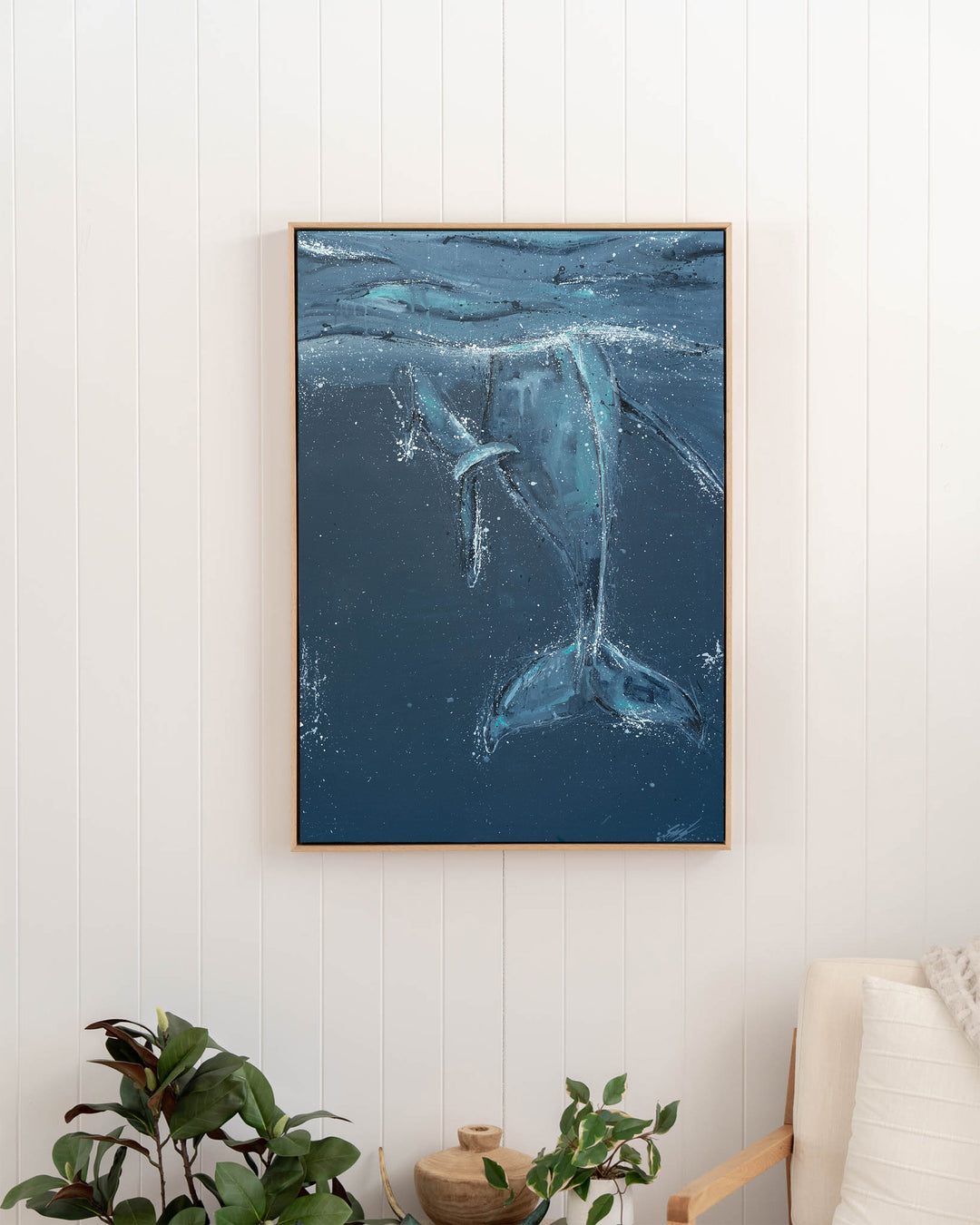 Wherever You Are – whale tails, framed canvas in oak float frame, styled in a hallway