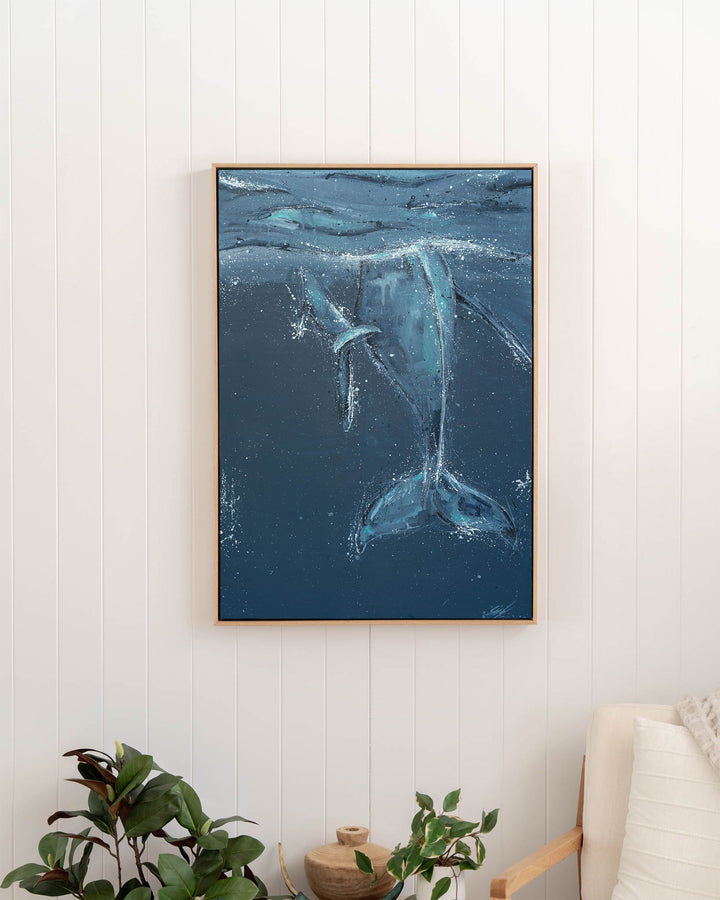 Wherever You Are – whale tails, framed canvas in oak float frame, styled in a hallway