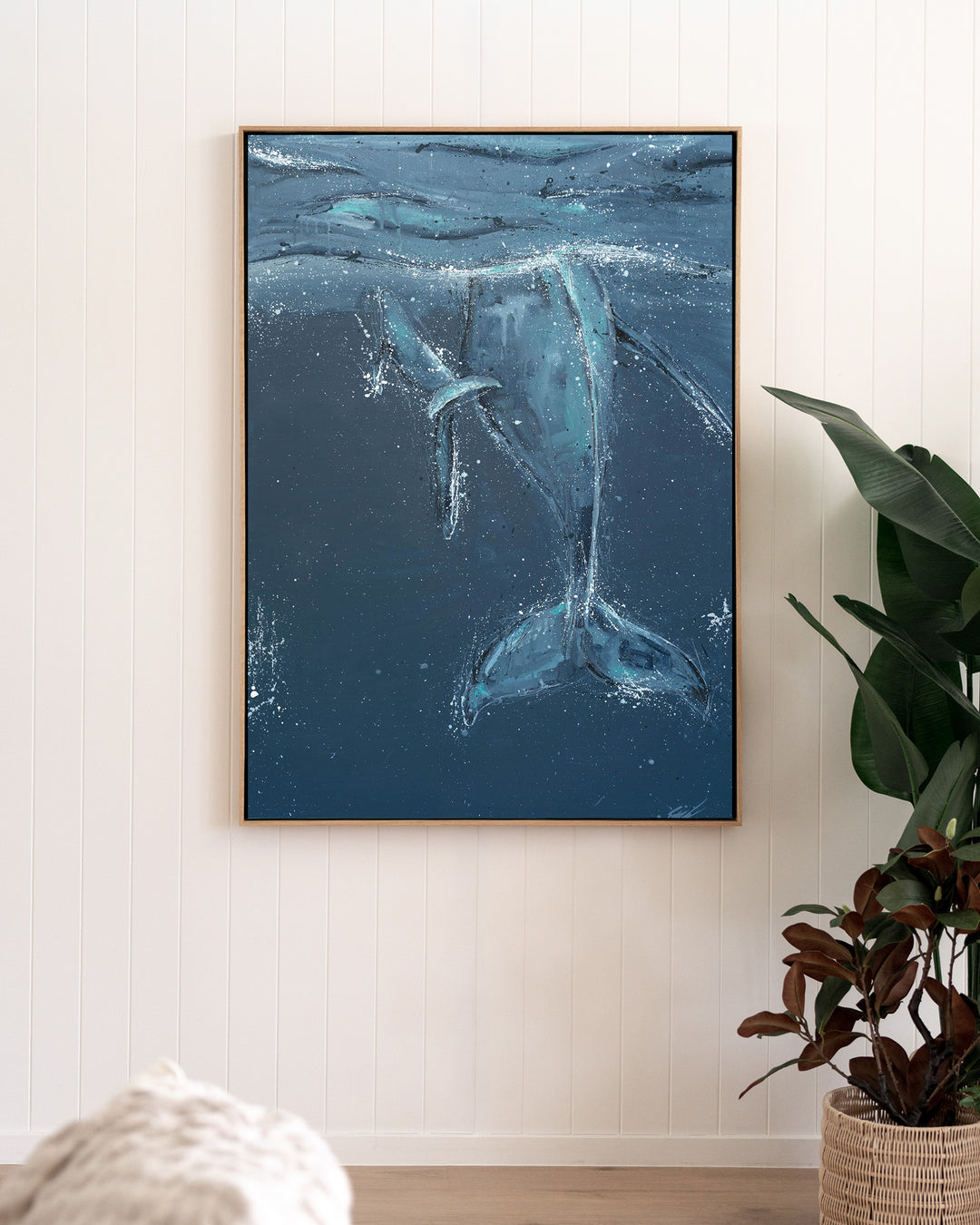 Wherever You Are – whale tails, framed canvas in oak float frame, styled in a living room