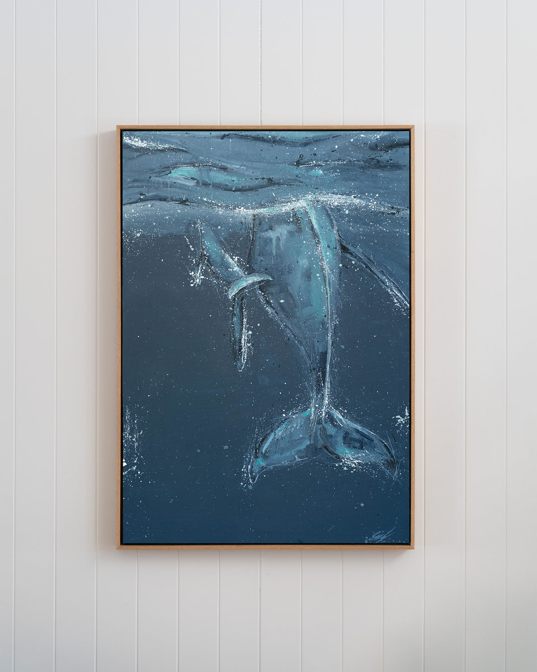 Wherever You Are – whale tails, framed canvas in oak float frame