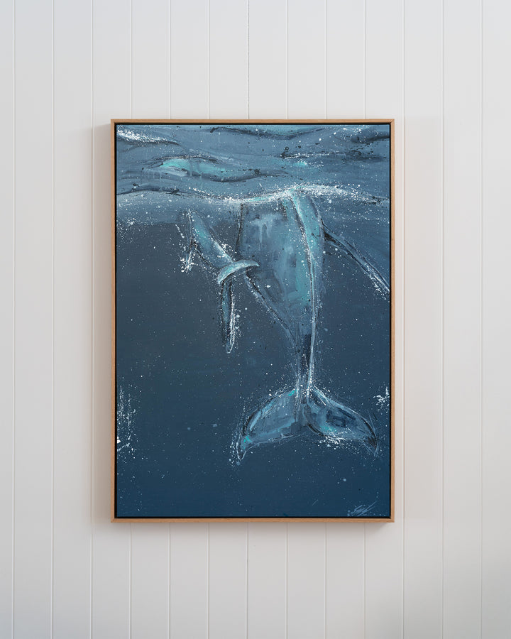 Wherever You Are – whale tails, framed canvas in oak float frame