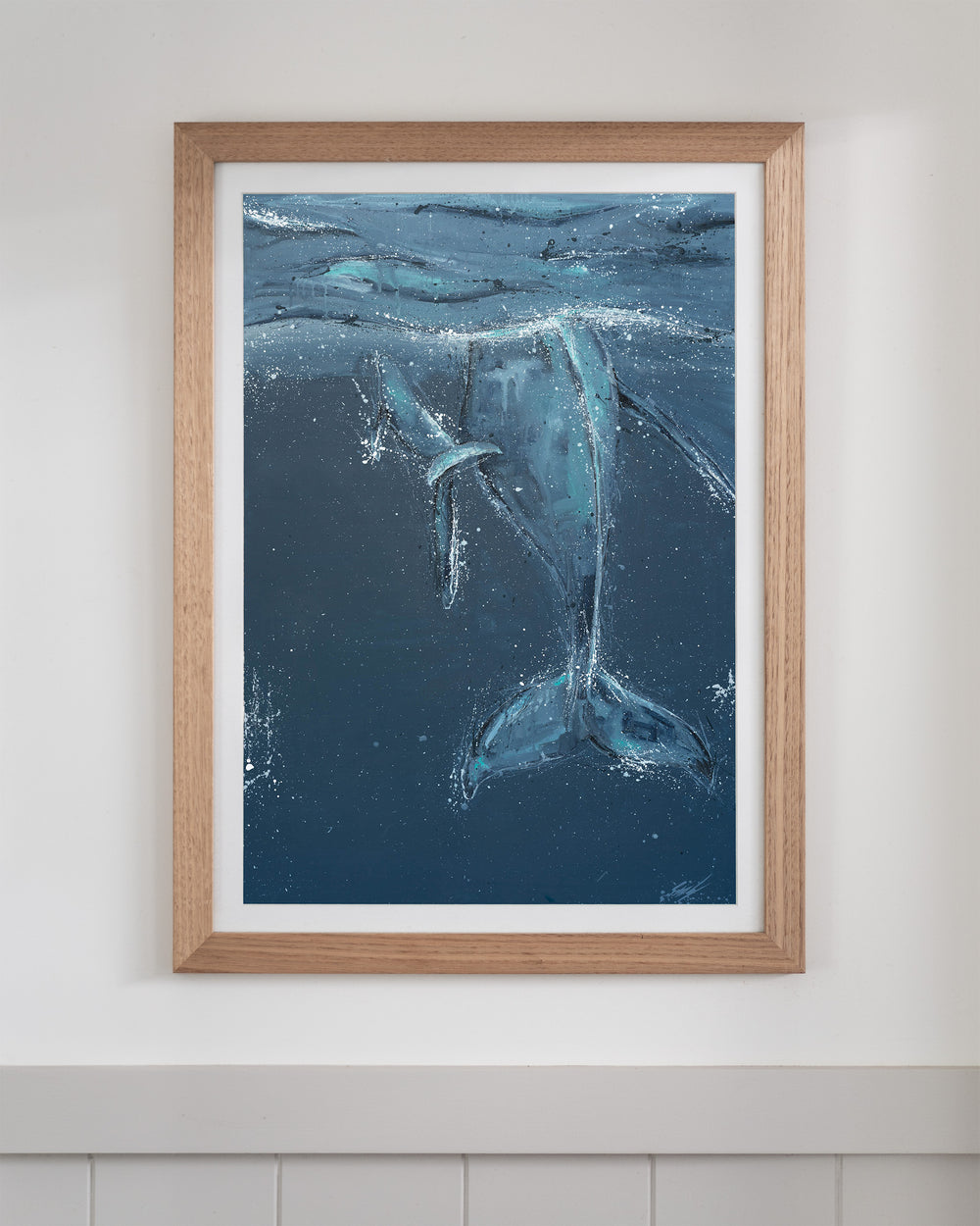 Wherever You Are – whale tails, framed paper print in oak frame