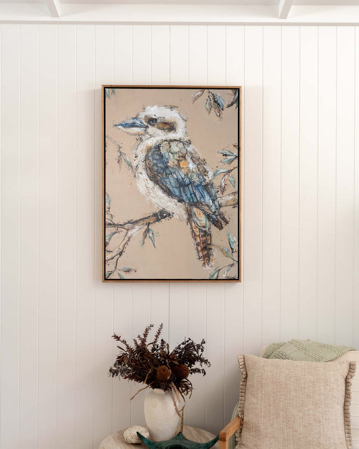Whittaker – kookaburra, framed canvas in oak float frame, styled in a bedroom