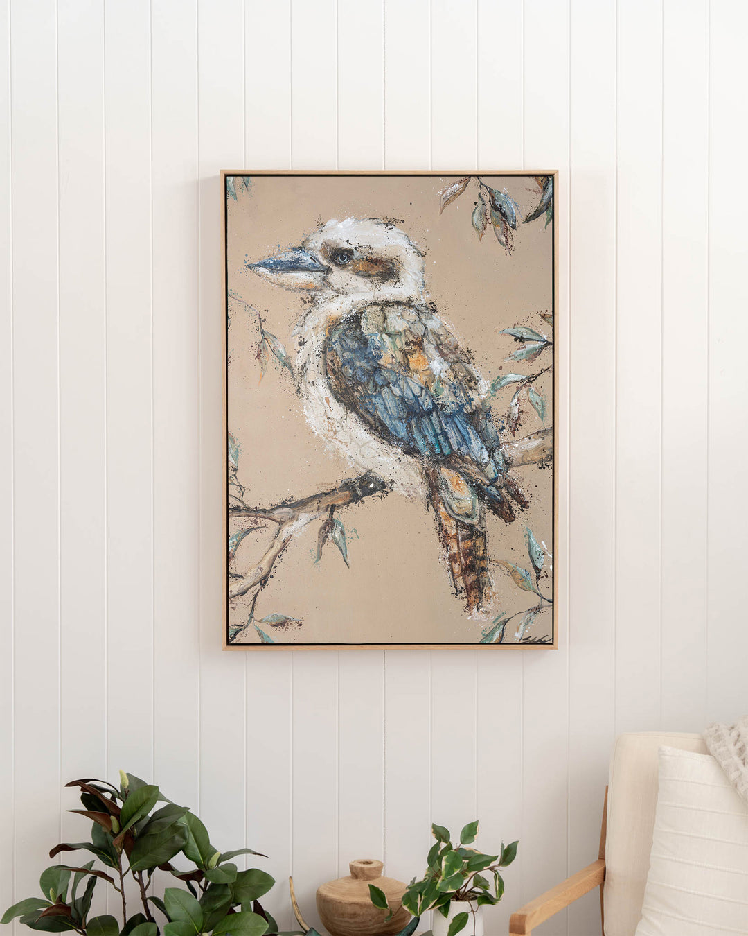 Whittaker – kookaburra, framed canvas in oak float frame, styled in a hallway