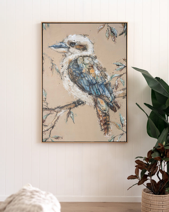 Whittaker – kookaburra, framed canvas in oak float frame, styled in a living room