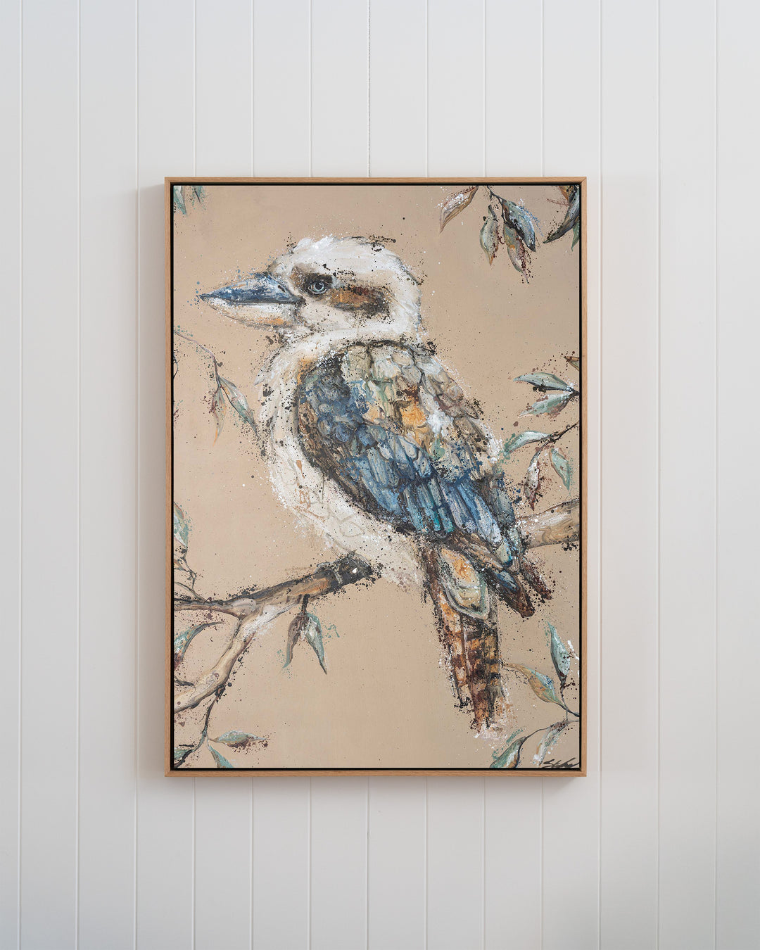 Whittaker – kookaburra, framed canvas in oak float frame