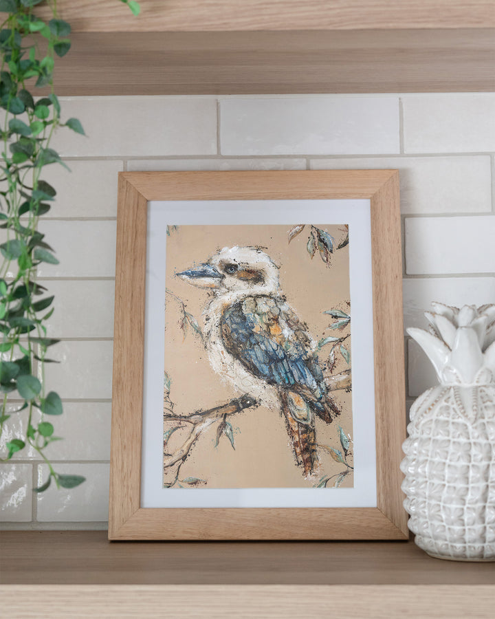 Whittaker – kookaburra, framed paper print in oak frame, styled on a kitchen shelf