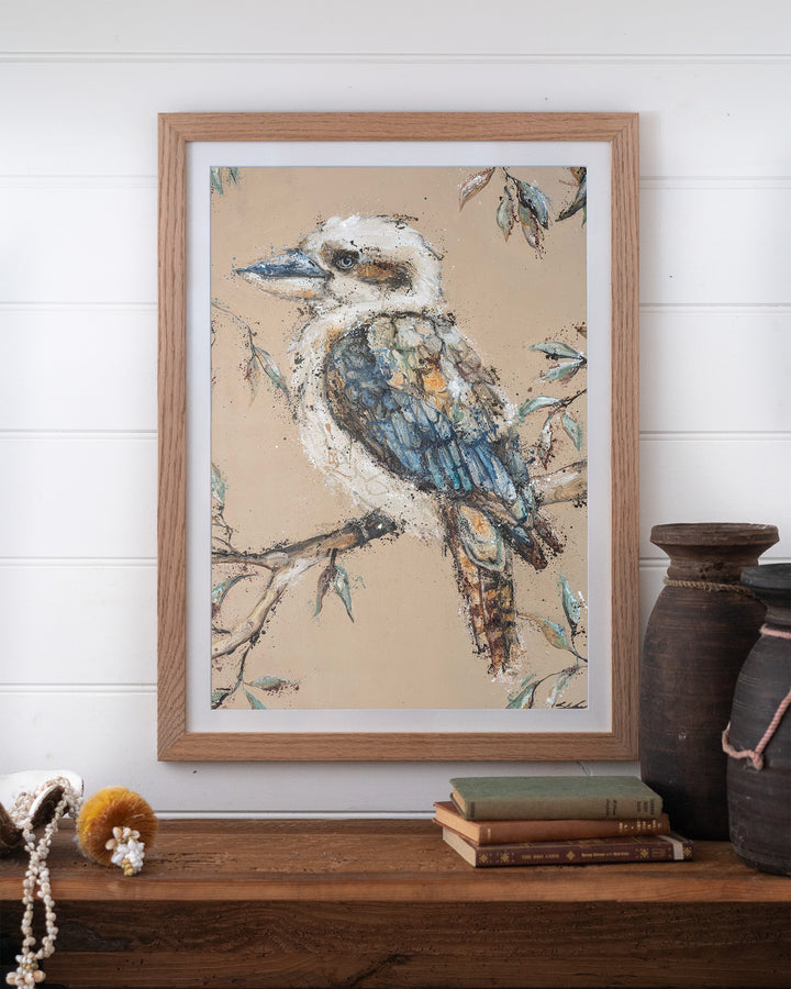 Whittaker – kookaburra, framed paper print in oak frame, styled on a timber shelf