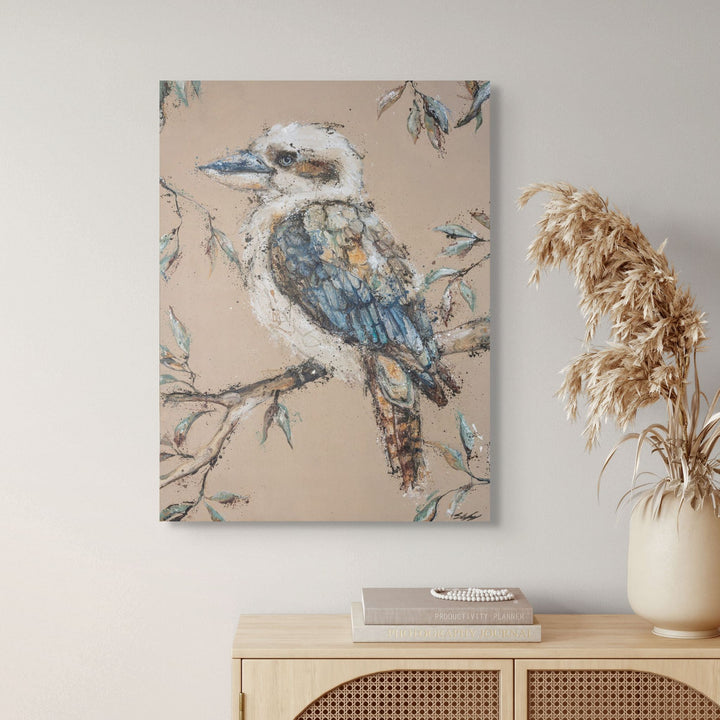 Stretched canvas presentation of Whittaker by Stephanie Elizabeth with textured kookaburra detail and eucalyptus leaves.