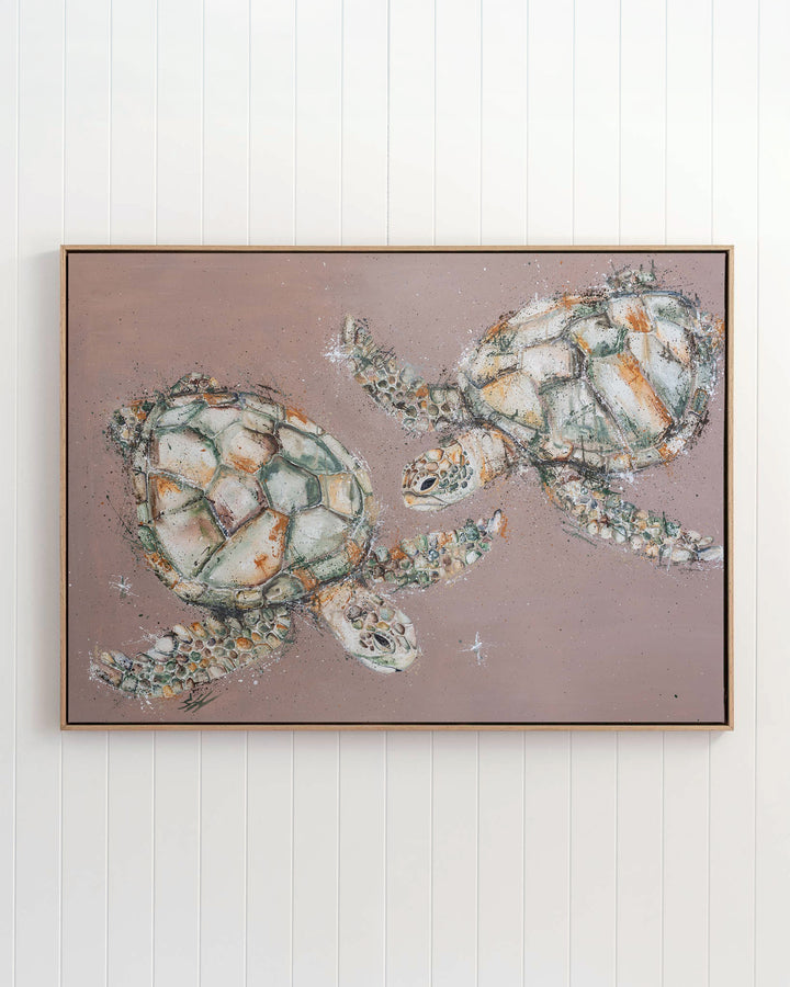 Winter Solstice – green sea turtles, framed canvas in oak float frame